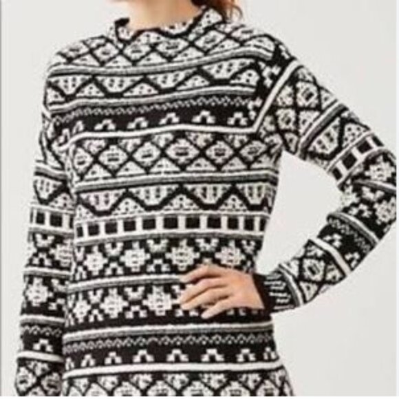 J. Jill EUC black white nordic geometric print mock neck wool blend sweater - Picture 2 of 8